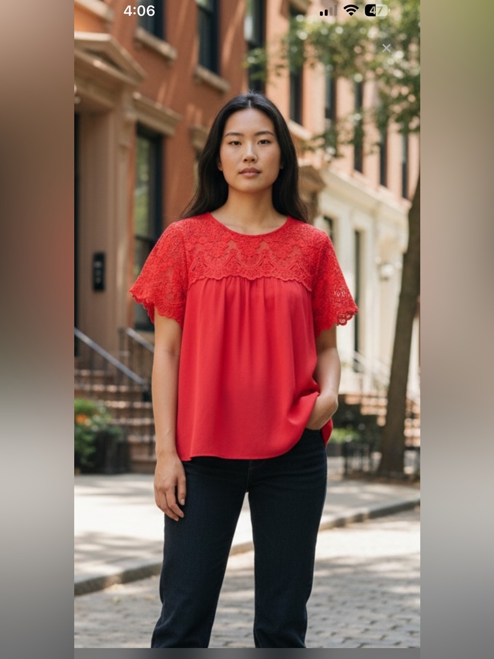 Staccato Red- Orange Short Sleeve blouse with lace front and sleeves - size L